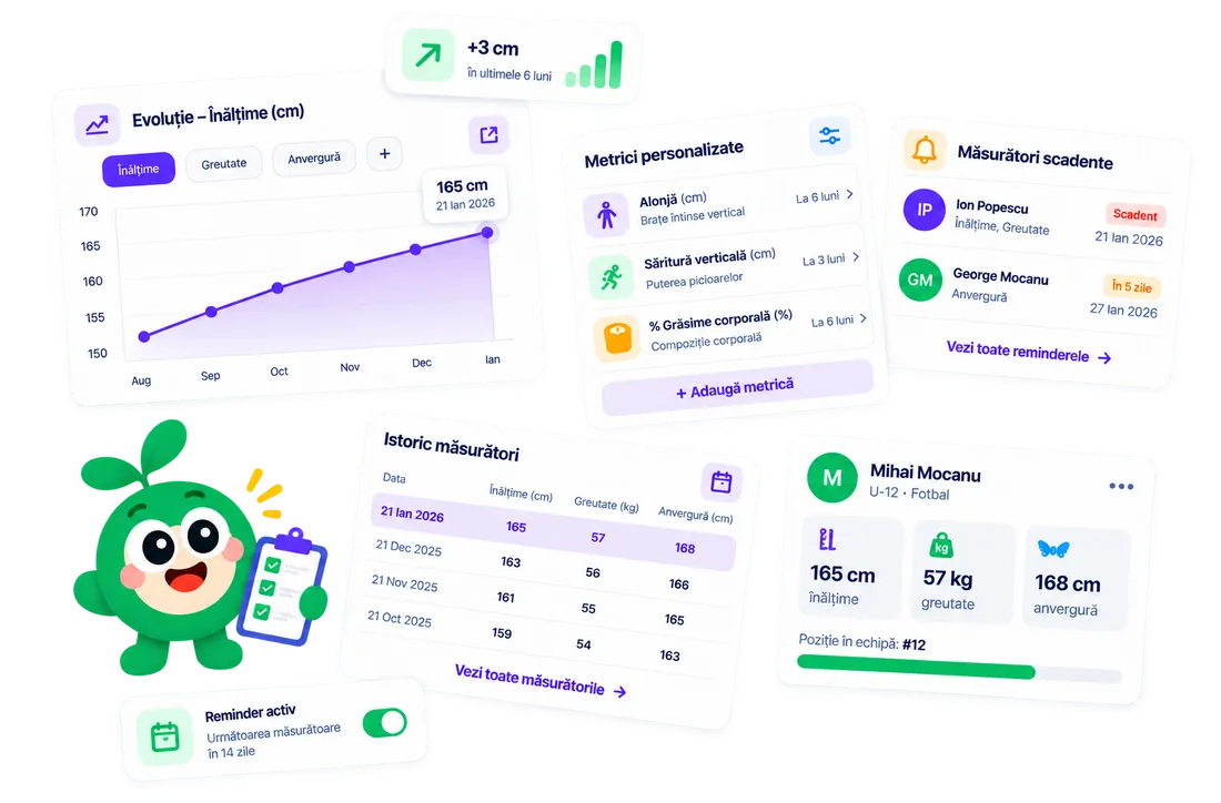 Evoluţia fizică în iGROWth: graficul de înălţime pe şase luni, metricile personalizate, istoricul măsurătorilor şi reminderele de reactualizare