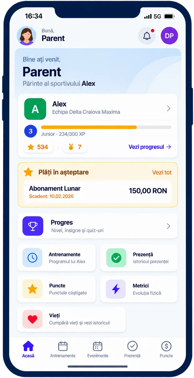 Aplicaţia iGROWth pe telefon, în contul părintelui: prezenţa copilului la antrenamente, progresul şi plăţile clubului