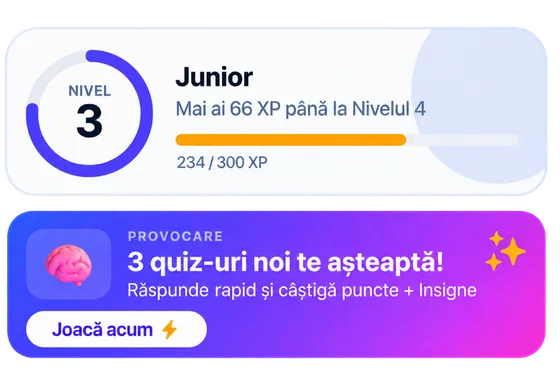 Ecranul „Acasă" din aplicaţie: nivelul, XP-ul până la nivelul următor şi provocarea cu quiz-uri noi